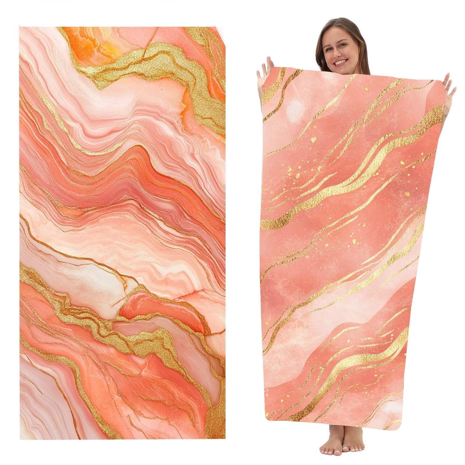 Ręcznik plażowy XXL, zestaw 2 szt., ręczniki z mikrofibry, ręcznik kąpielowy 220 x 100 cm, szybkoschnący, ręcznik plażowy, ręcznik plażowy, bez piasku, ściereczka z mikrofibry (pomarańczowe paski) z