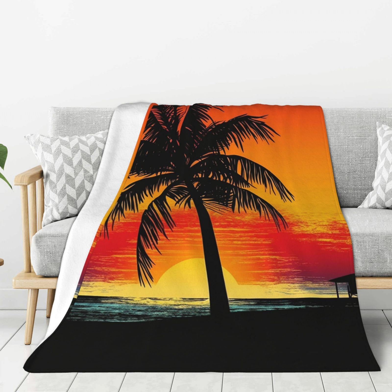 Sunset Palm Tree Throw Blanket Plush Flannel Fleece Blanket, Soft Lightweight Cozy Blankets 60"X50" for Bed Couch Sofa Travel