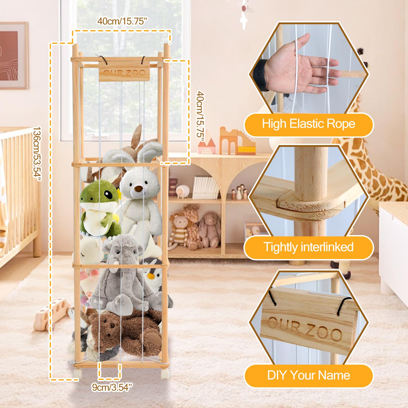 Contenitore per animali di peluche con ruote, grande scaffale in legno massello con 3 livelli e freni, per cameretta dei bambini e sala giochi
