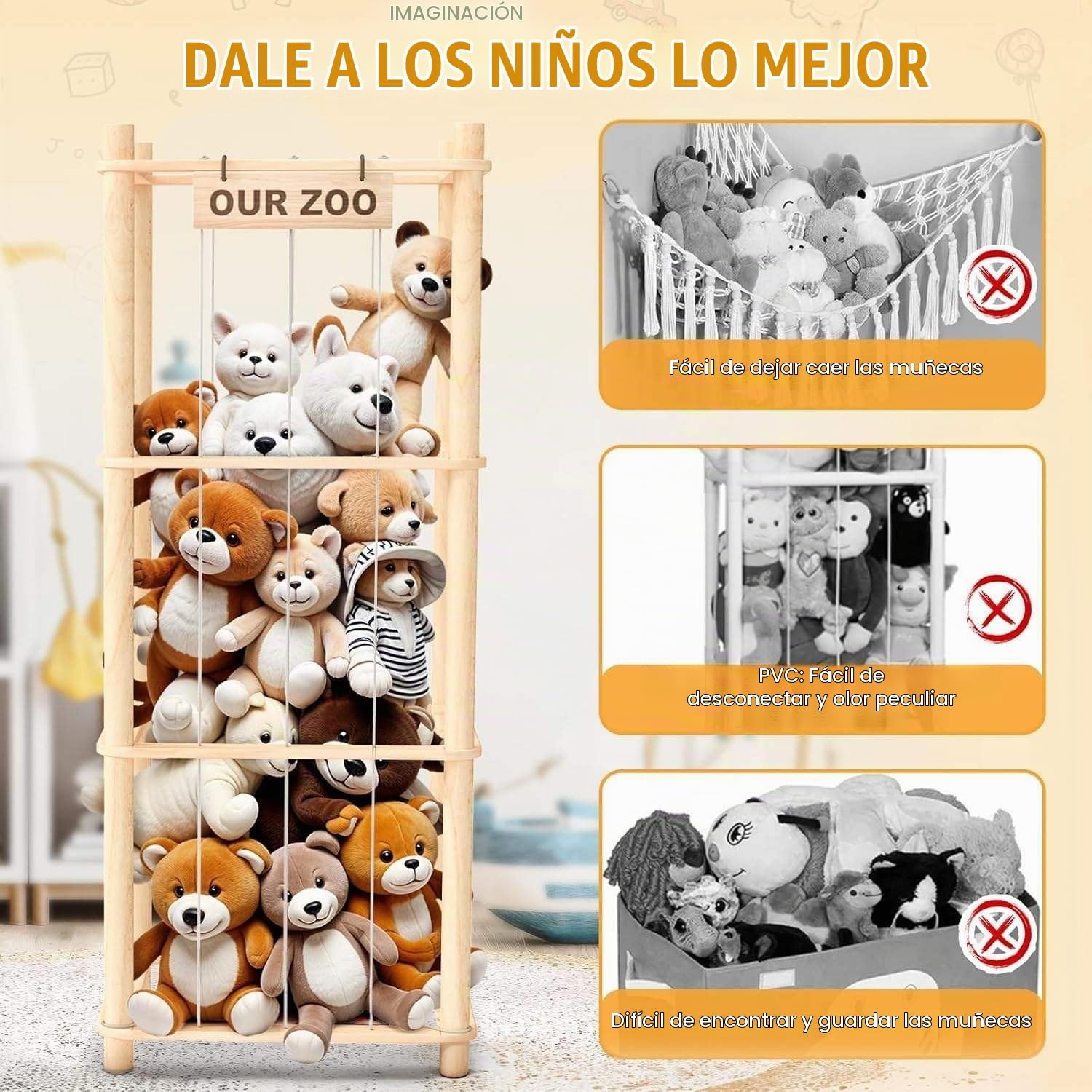 NEWFUN Organizador Juguetes Infantil, Almacenamiento de Peluches de Madera, Gran Capacidad, Ahorra Espacio, Adecuado para Gabitaciones Infantiles, Salas de Juegos y Dormitorios