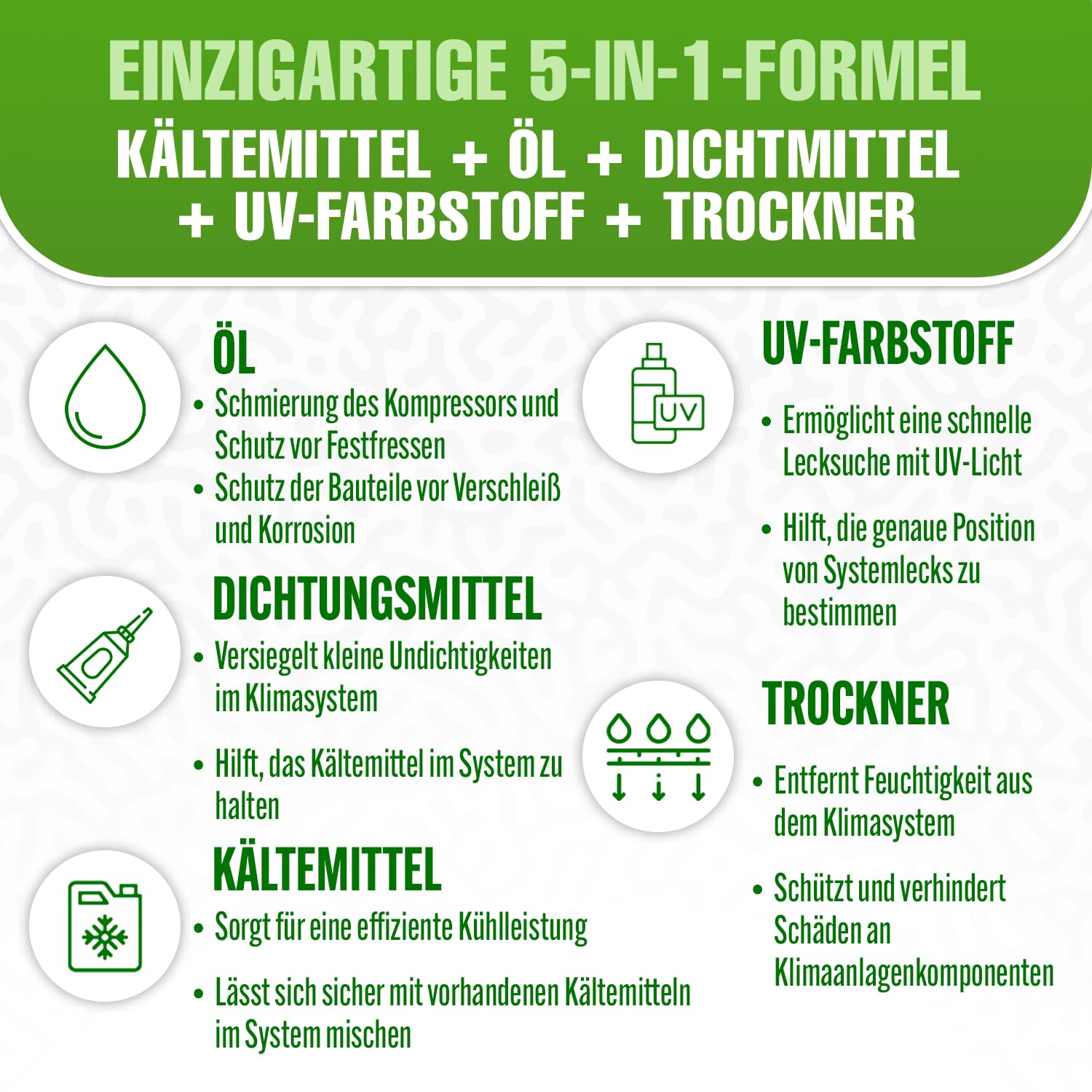 5in1 - Kältemittel R134a x 2, 235 g für Auto Klimaanlage mit Öl, Dichtungsmittel, UV-Farbstoff, Trocknungsmittel - Schützt den Kompressor