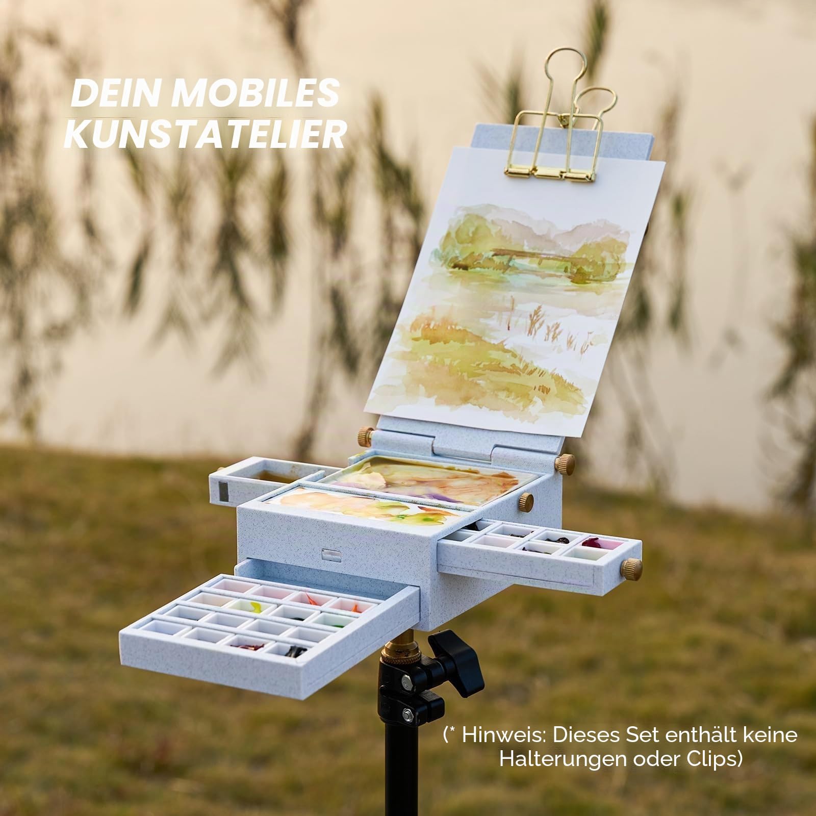 LIGHTWISH Reise-Wasserfarben-Palette-Box, ultra-tragbares All-in-One Set, 2 Keramik-Mischpaletten, 24 entfernbare Farbkammern, universelle Halterungsschnittstelle, Plein-Aire-Set