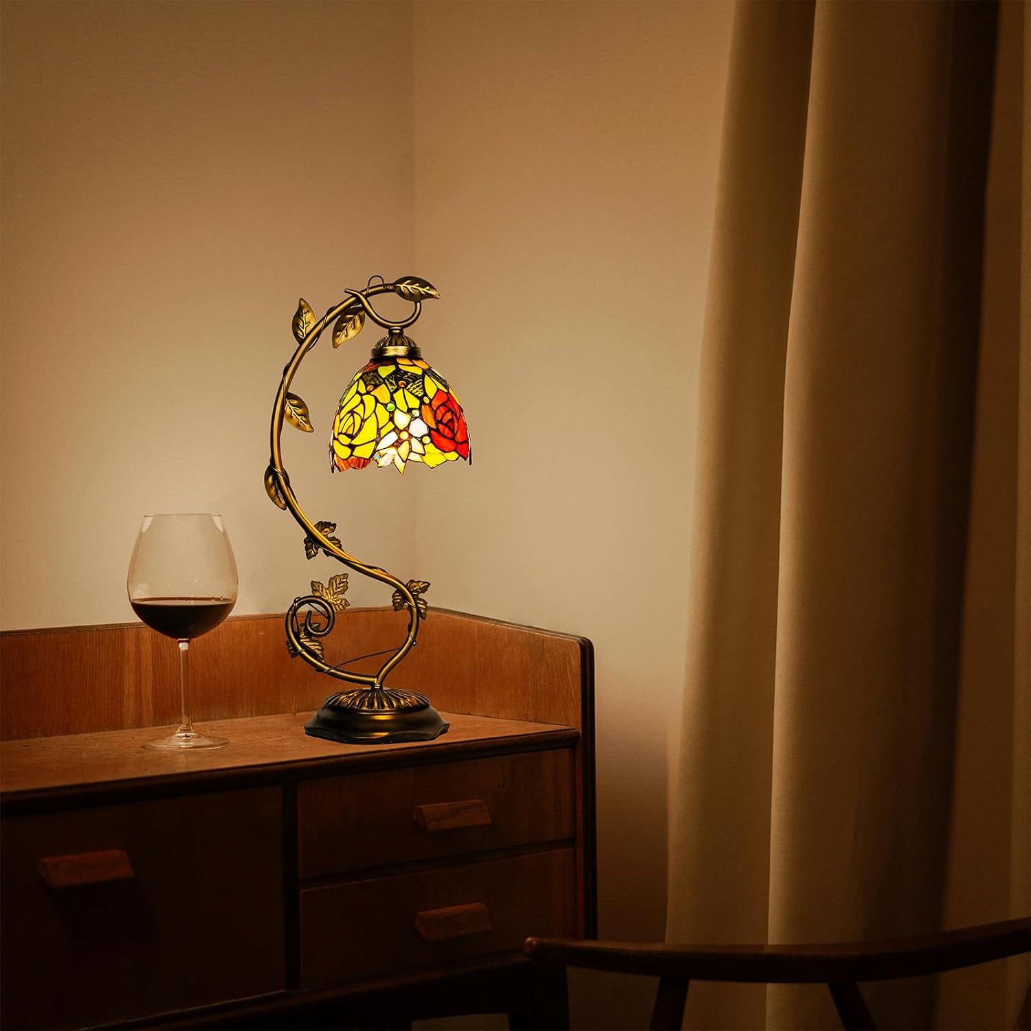 Skyblaze Tiffany Style Table Lamp with Metal Leaf, Stained Glass Desk Lamp, Vintage Night Light, Art Deco Reading Light with Handmade Lampshade for Nightstand Living Room (Rose)