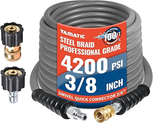 YAMATIC Manguera de Lavadora a Presión Sin Marcas de 38" 100 Pies 4200 PSI, Giratoria Resistente a Dobleces Conexión Rápida de 38", Trenzado de