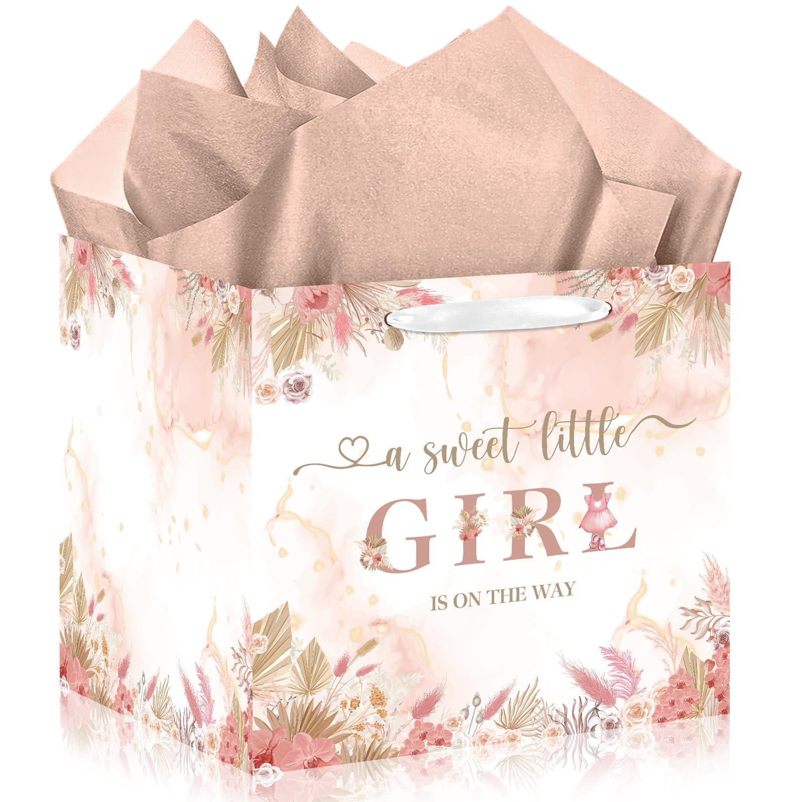 Large Boho Baby Girl Gift Bag, Baby Shower Square Gift Bag Pink Floral Jumbo Gifts Bag with Tissue Paper A Sweet Little Girl is on The Way Wrapping Paper Bag for Baby Shower Gender Reveal Party Favors
