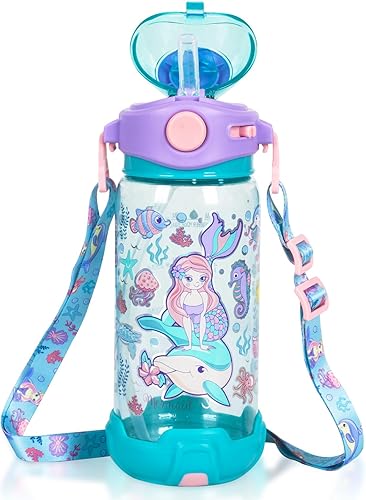 Miniatura 40 de Botella de agua para niños con pajita/cordón para niños de la escuela, niños y niñas, 22 oz / 650 ml, sin BPA, botella de agua para beber para H01.