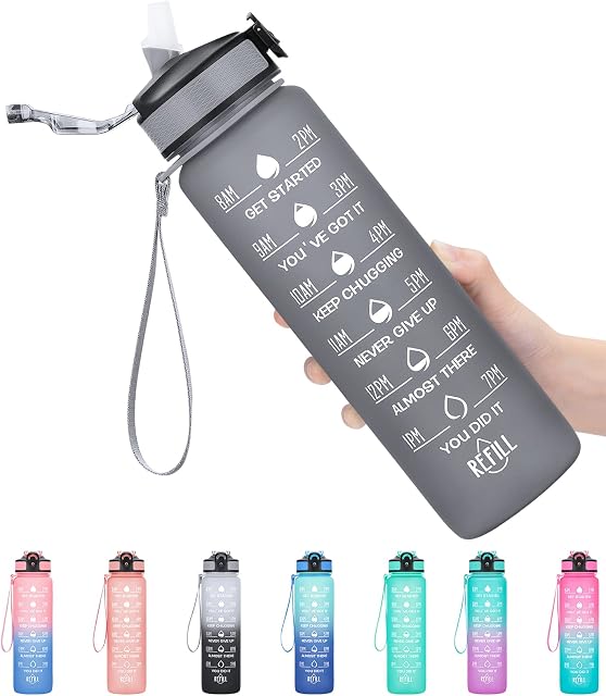 MEITAGIE 1 litre Motivational Fitness Sport Water Bottle with Straw & Time Maker, Leak-proof, BPA-free, Tritan, Toxin Free Plastic Drink Bottle Design for Girls, Boy