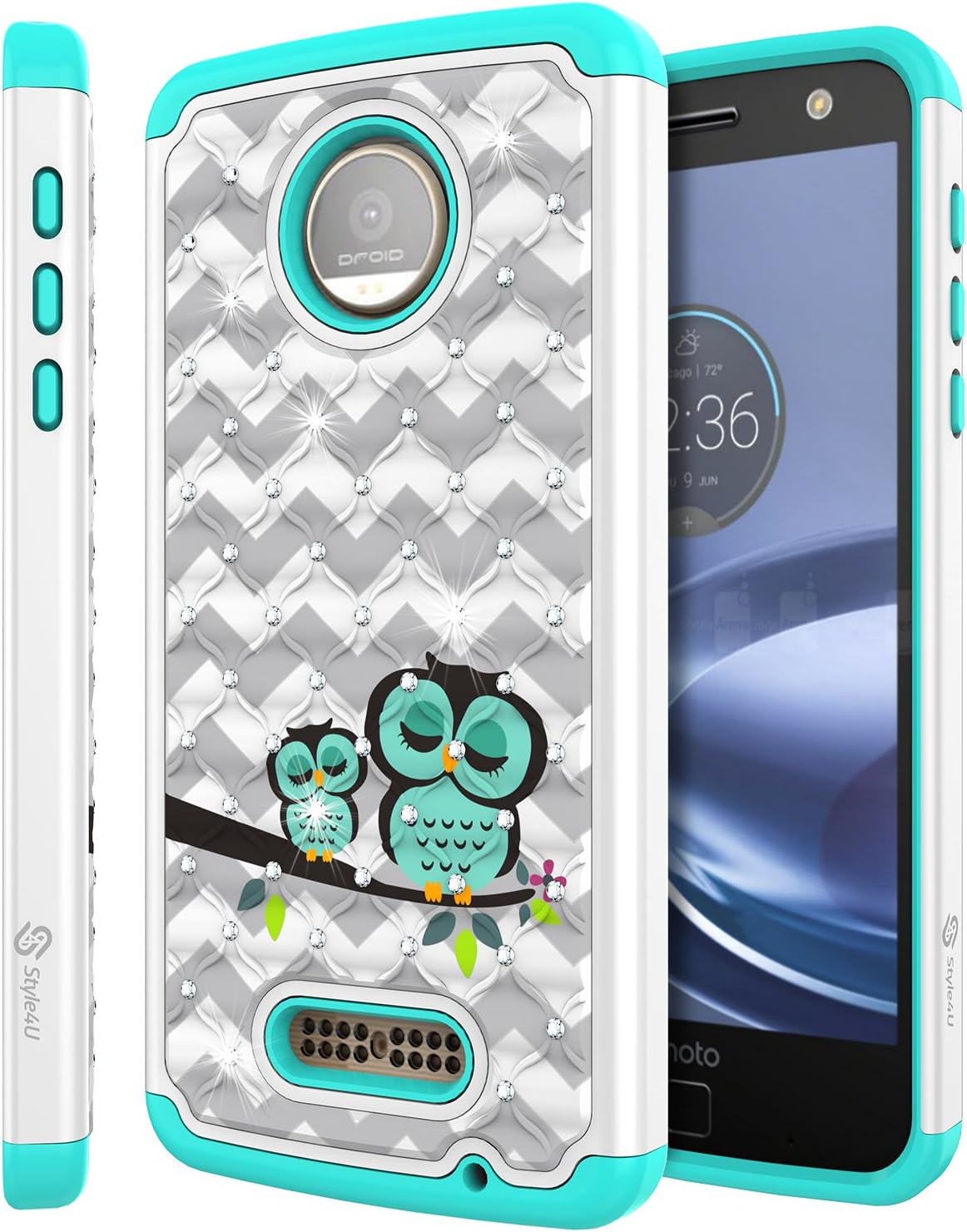 Style4U Moto Z Force Case, Moto Z Force Droid Case, Shockproof Cute Owl Studded Rhinestone Crystal Bling Hybrid Armor Case for Motorola Moto Z Force, Moto Z Force Droid with 1 Stylus (White Teal)