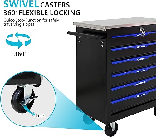 Miniatura 6 de Caja de herramientas con ruedas con 6 cajones, armario multifuncional para herramientas con cerradura, cajones, carrito de herramientas rodante,