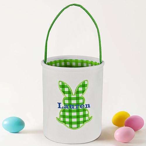 Vista 7 de Cesta de Pascua para niños, cesta de conejo de Pascua de VAPCUFF personalizada, cesta de Pascua con nombre, diseño de conejito de cuadrícula azul