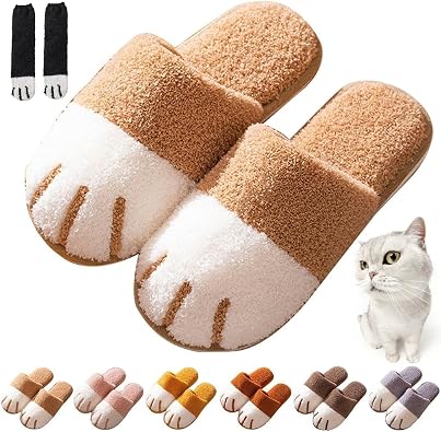 Cat Feet Slippers, Cozy Cat Paw Slippers for Women, Cute Animal Slippers Non-Slip Winter House Shoes Fuzzy Memory Foam
