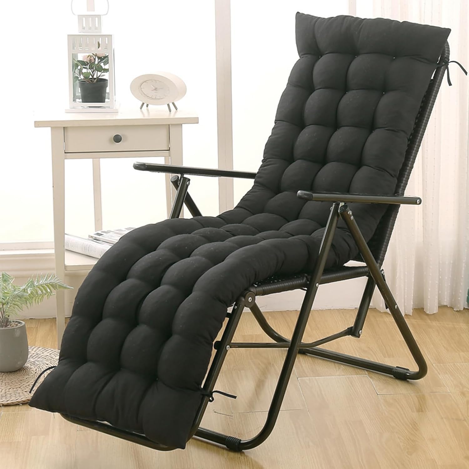 62" Lounge Chair Cushion, Thicker Padded Swing Patio Chaise Lounger Bench Cushion Zero Gravity Chair with 6 Ties Pad for Outdoor Indoor Home Office Black