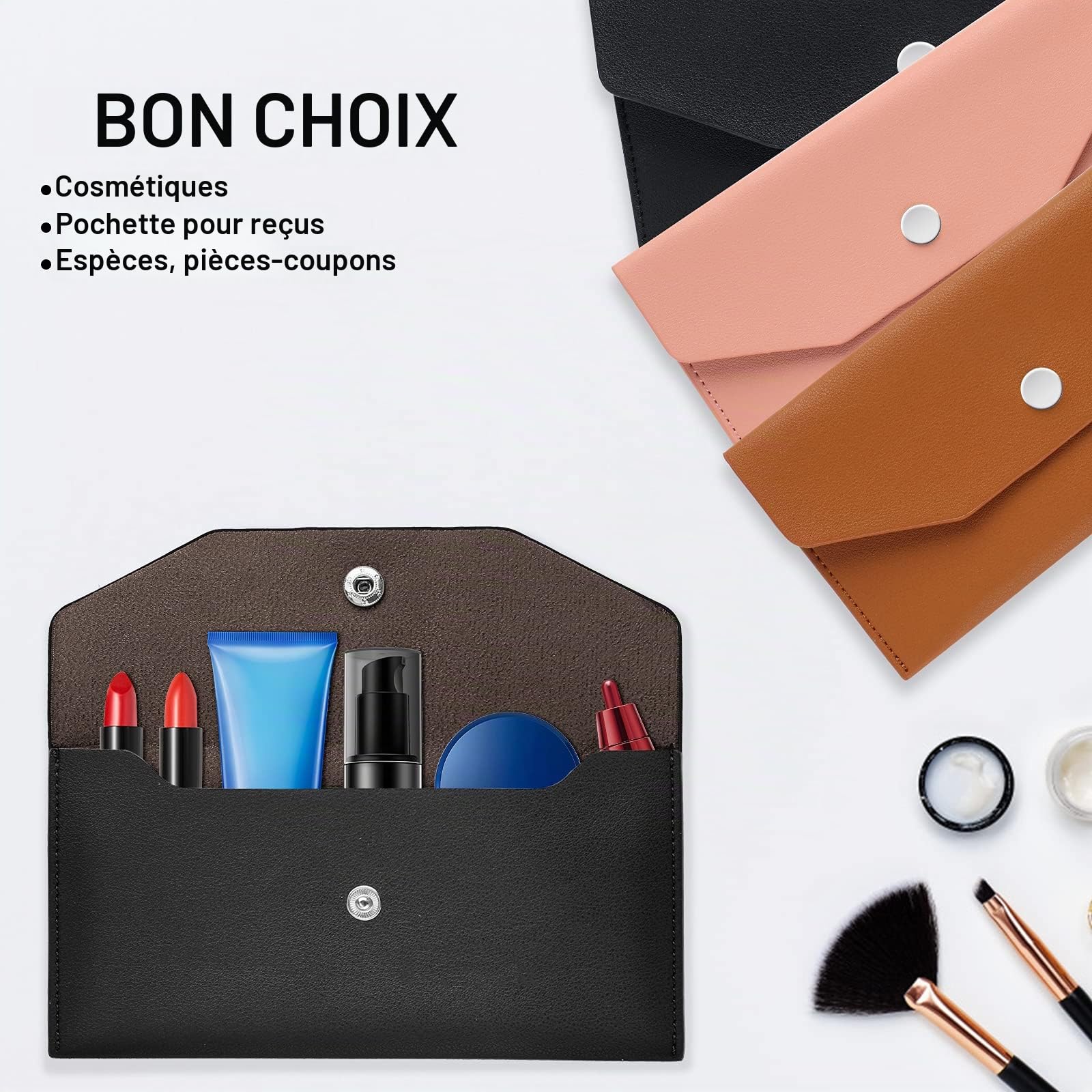 Molain Portefeuille d'enveloppe de trésorerie en cuir PU réutilisable 7,2 x 3,6 po Noir