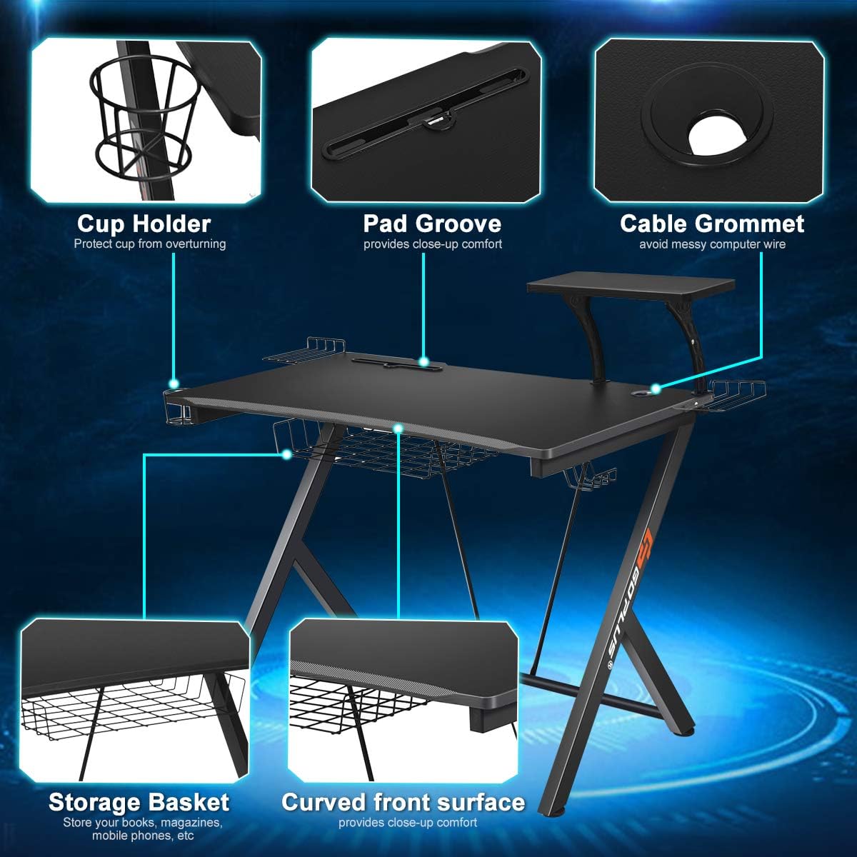 POWERSTONE Gaming Desk 52“ - Computer Desk with Monitor Shelf Storage Basket Cup Holder Speaker Holder & Headphone Hook Racing Style Gamer PC Workstation