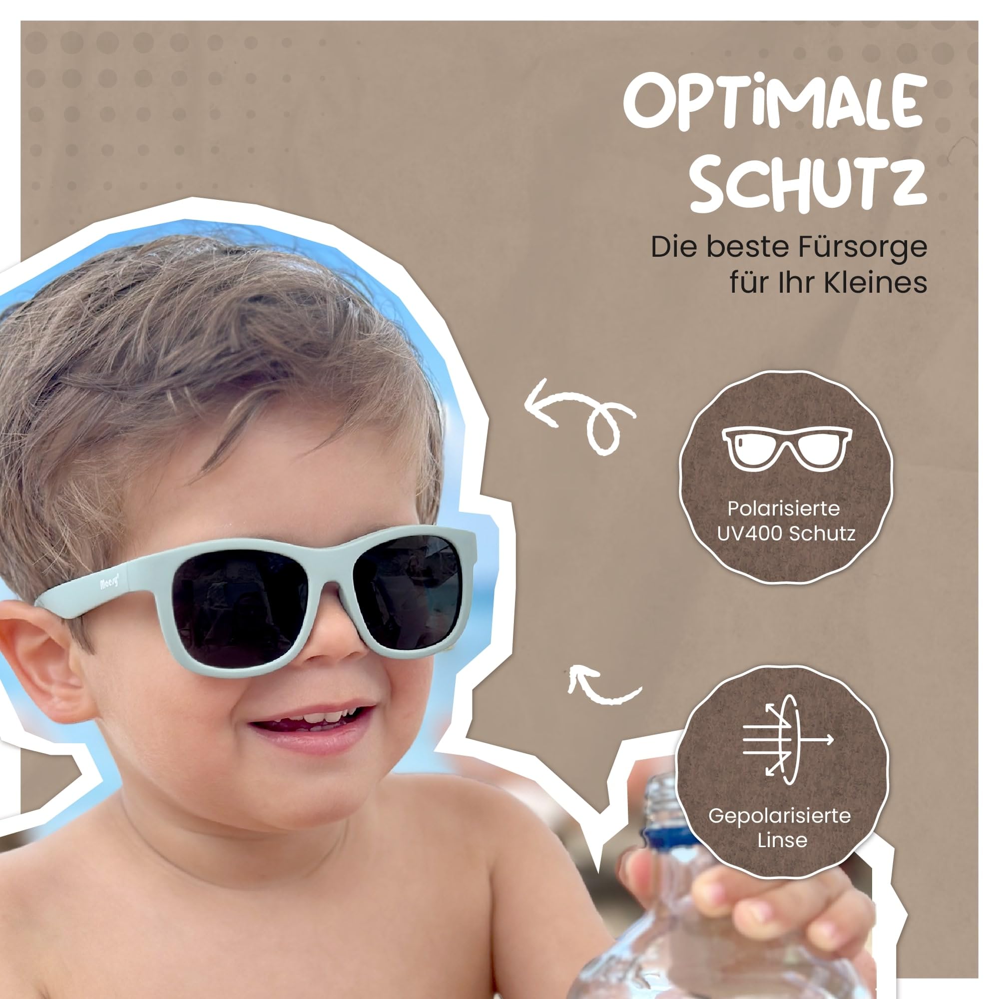 Gafas de Sol para Bebé y Niño, 1-3 Años, Protección Polarizada UV400, Montura Flexible y Blanda, Cinta Elástica Ajustable, Gafas de Sol Seguras y Cómodas para Niños, Luca