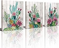 Yiijeah 3-Piece Framed Watercolor Tropical Cactus Canvas Wall Art 12x16 Panels - Ready to Hang Modern Decor for Bedroom Bathroom Office