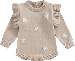Infant Newborn Baby Girl Sweater Romper Ruffled Long Sleeve Crewneck Flower Knitted Onesie Fall Winter Clothes