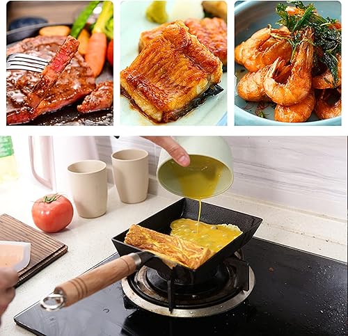 Miniatura 2 de CHUNCIN - Tamagoyaki - Mini sartén, sartén japonesa rectangular de hierro fundido sin recubrimiento con tapa de madera que puede funcionar como