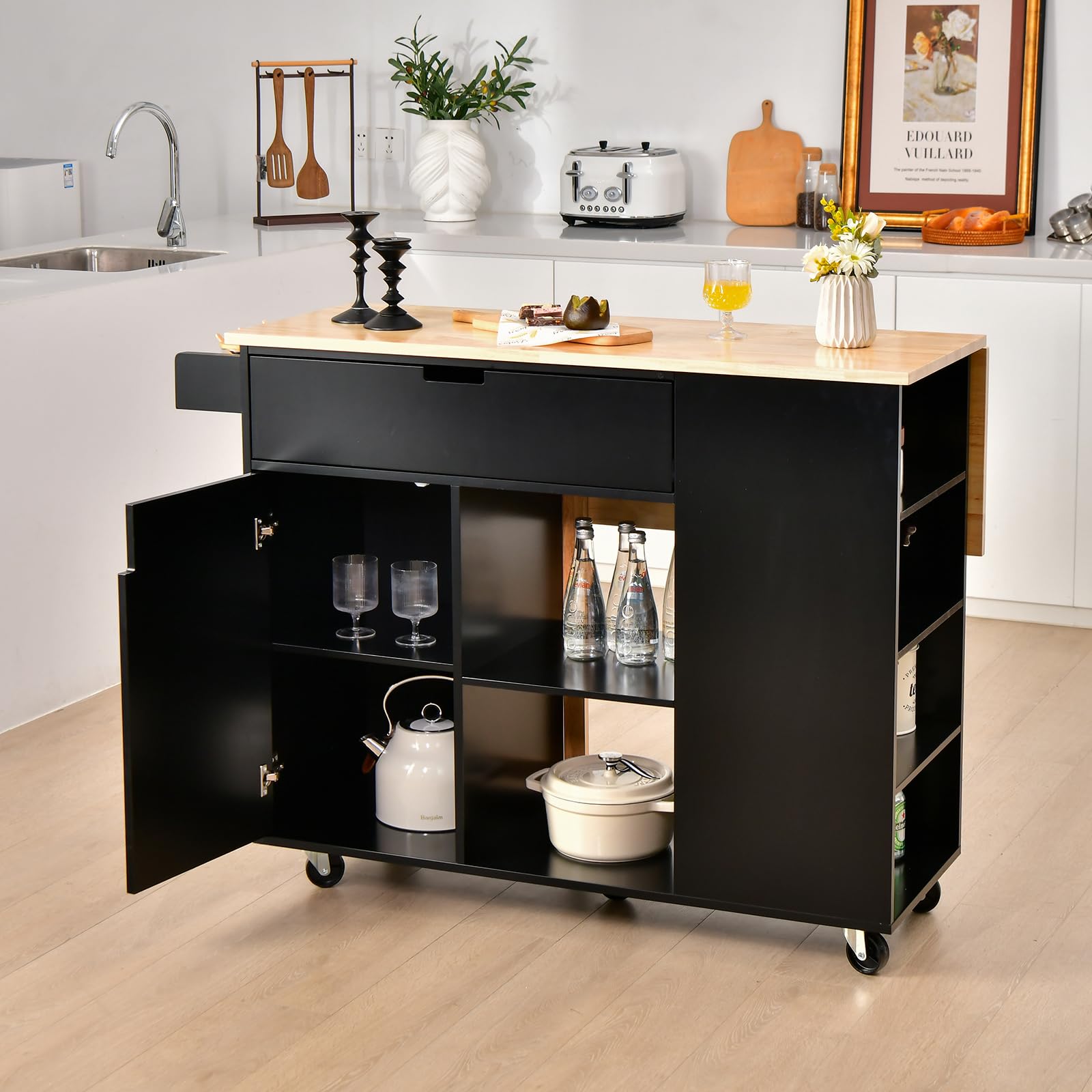 KOMFOTTEU Carrello da Cucina a Isola in Legno, Carrello di Servizio con Piano di Lavoro Estraibile, Mobile da Cucina con Cassetto, Ripiano Regolabile, Carrello da Cucina a Isola (Nero)