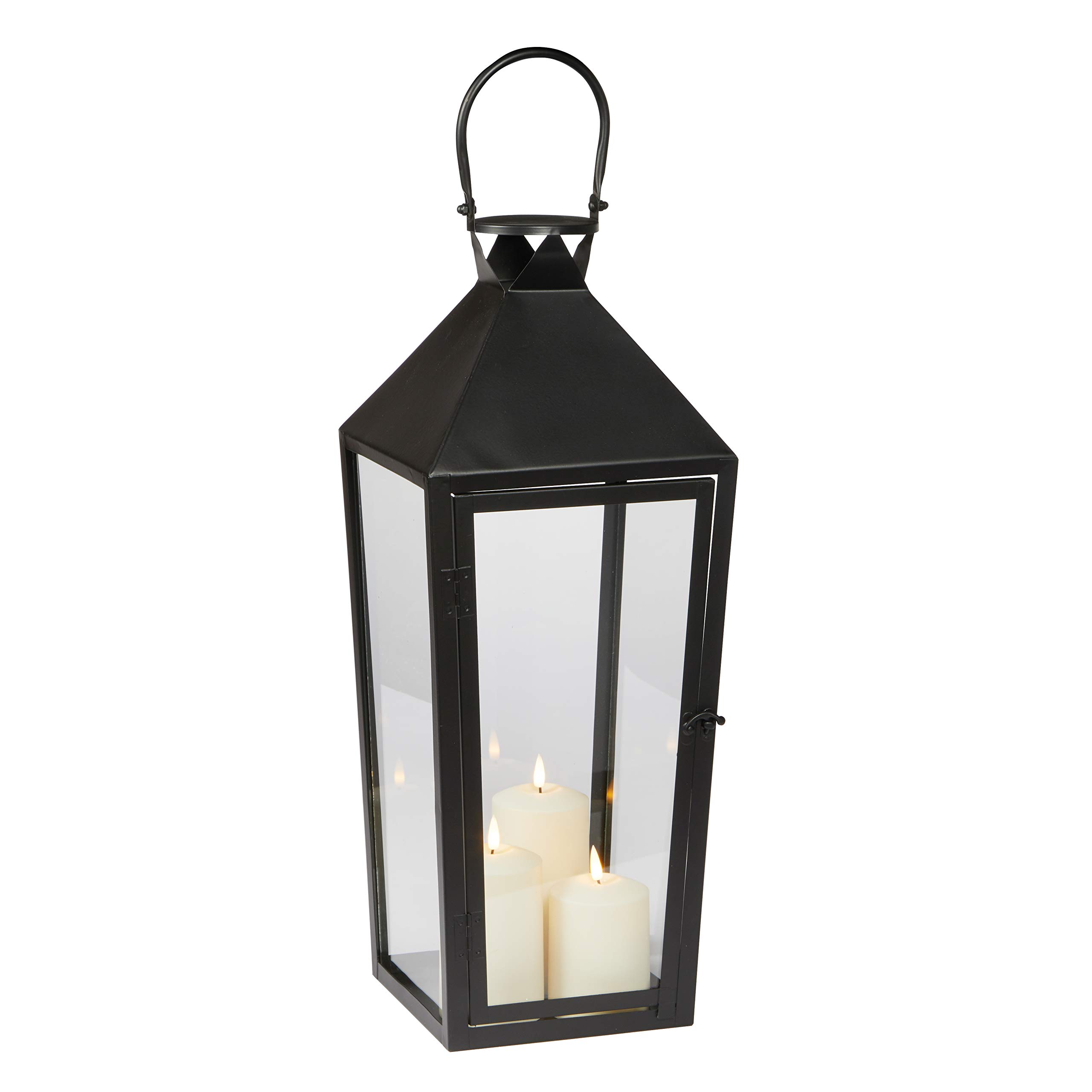 Lights4fun Schwarze Metall-Laterne | 3 TruGlow® LED-Kerzen mit Timer | Flackernde Flamme | Warmweiß 2700K | IP44 Wetterfest | Batteriebetrieben | Deko Außen Terrasse Garten Hauseingang | (H) 61,5 cm