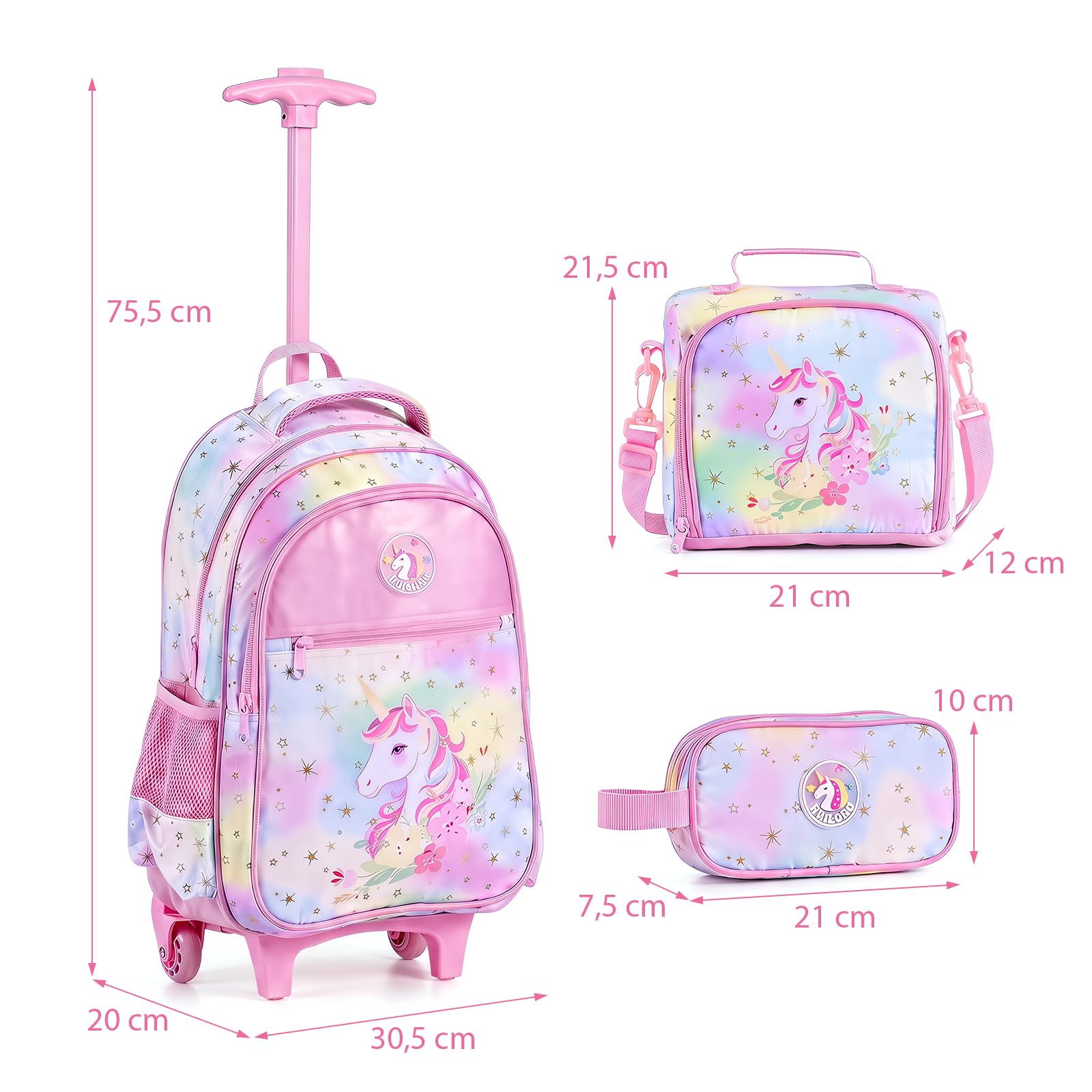 LIFEZEAL Set Zaino Scolastico 3 in 1 per Bambini 3+ Anni (Unicorno1) | Set di 3 Zaini Trolley con Rotelle con Borsa per Merenda, Astuccio per Matite, Maniglia Telescopica e Portabicchieri