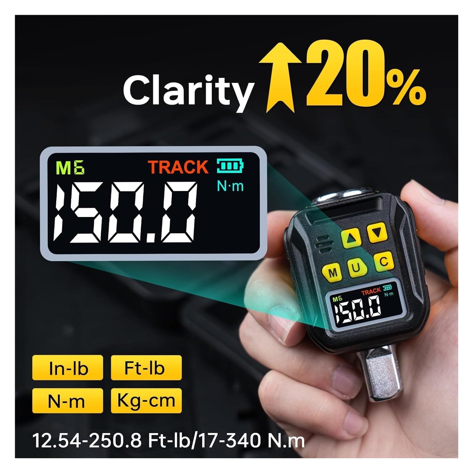 Cyfrowy adapter momentu obrotowego z napędem 1/2", 12,5–250 ft-lb/17–340 Nm, wyświetlacz LCD, dokładność ±2%, uniwersalny miernik Wielofunkcyjna konwersja