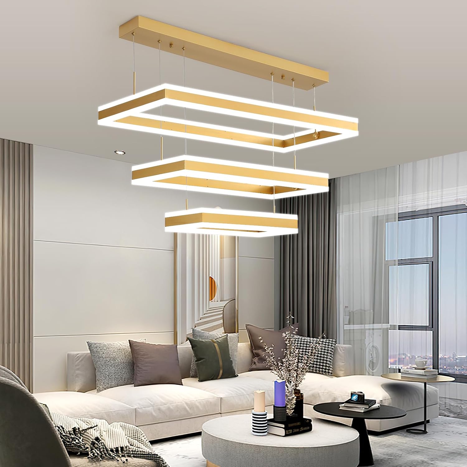 Modern Ceiling Pendant Light, LED Chandelier with Remote Control Dimmable 3 Color Mode & Brightness, Anti-Flicker Pendant Lights Kitchen Island Light Fixture for Dining Room Living Room Rectangular 15.74+23.62+31.49