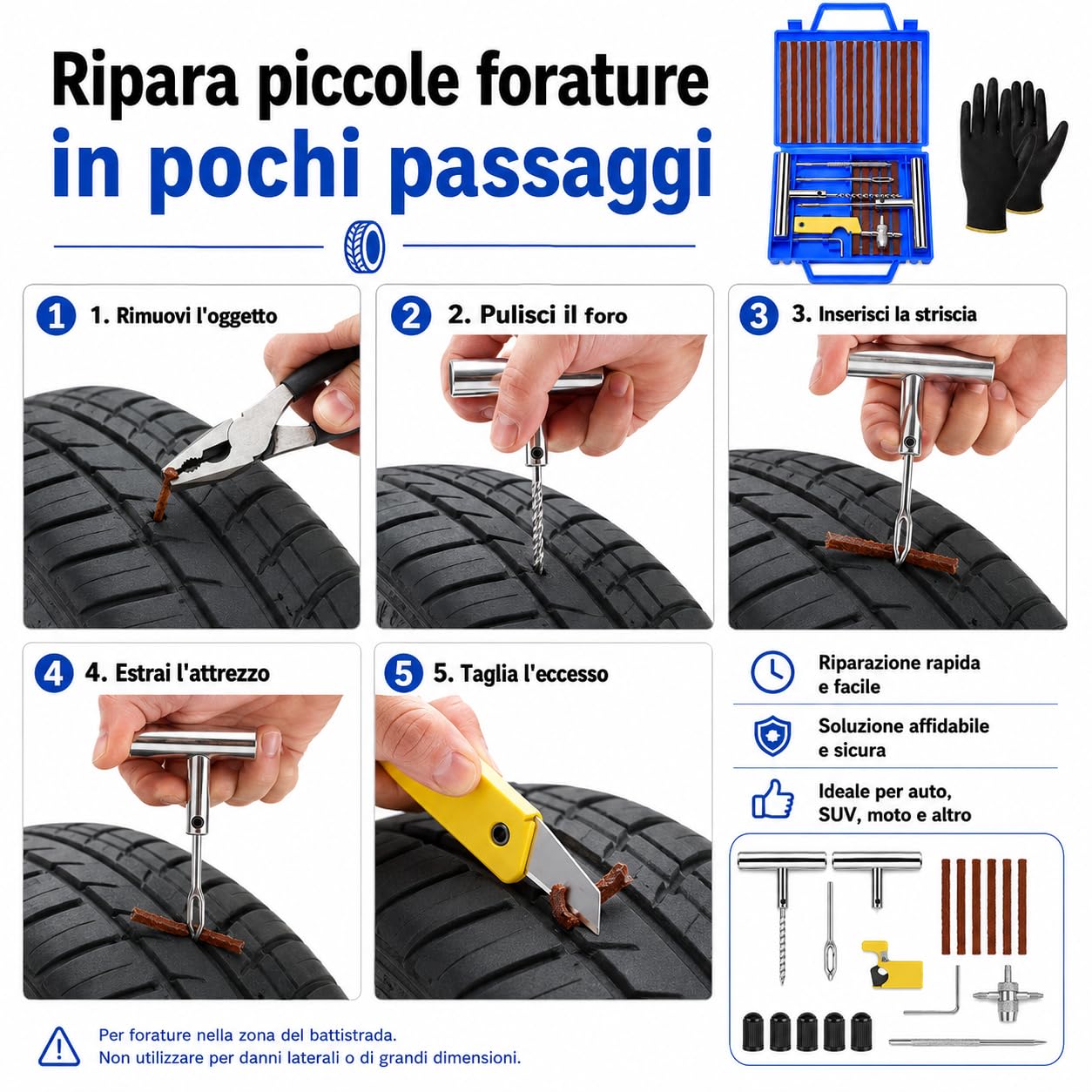 Kit Riparazione Pneumatici Tubeless 37 Pezzi Gomme Auto Moto Strisce Attrezzi Tappi Valvola
