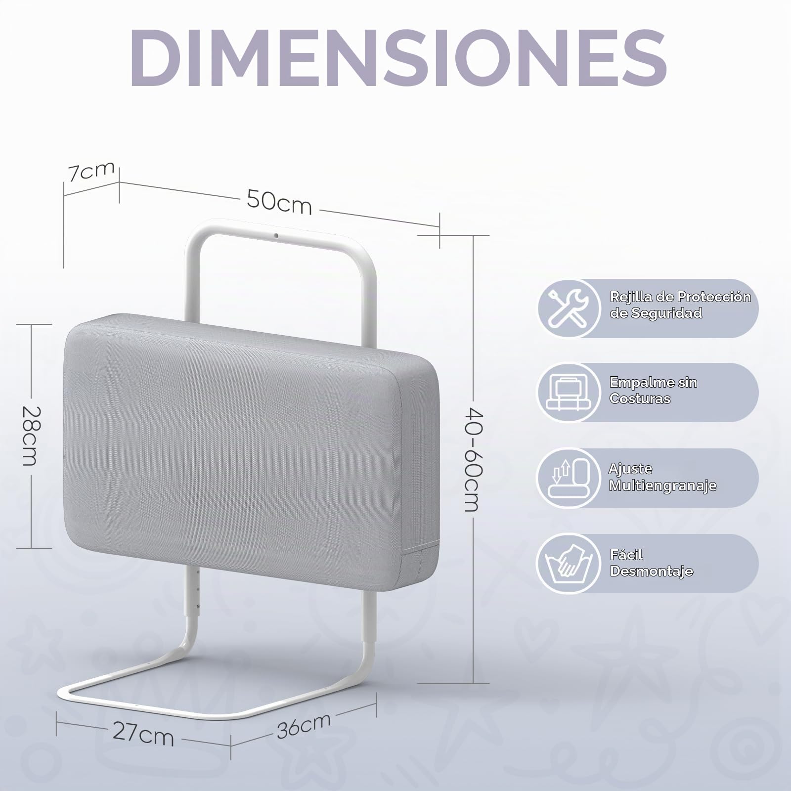 Barrera de Seguridad para niños – Barrera de Cama para niños con protección de Bordes, Seguridad para Cama Infantil, Altura Ajustable 40-60 cm, Desmontable, portátil, Gris, 50cm