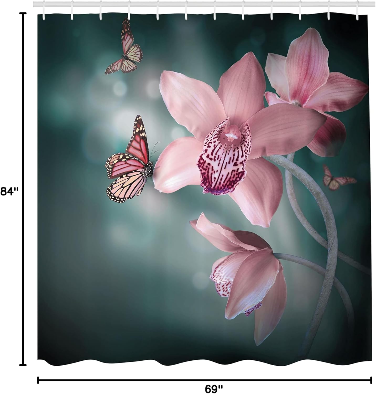 Ambesonne Floral Shower Curtain, Orchid Flower Butterfly Soft Fresh Spring Nature Theme Art Photo, Cloth Fabric Bathroom Decor Set with Hooks, 69" W x 84" L, Jade Green Pale Pink