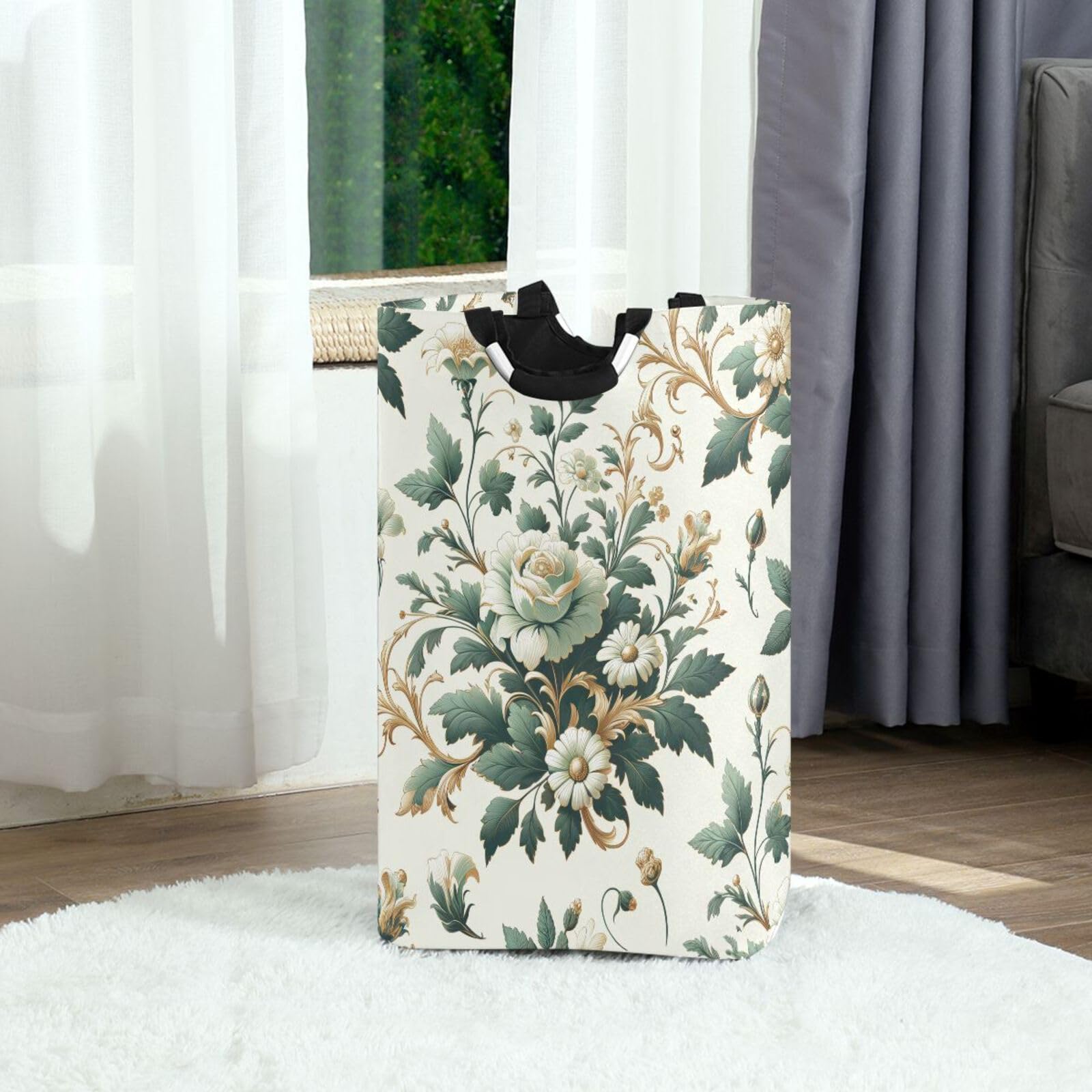 Jihqo Laundry Hamper Basket Elegant Flowers White Collapsible Nursery Storage Bin Waterproof Clothing Baskets for Home Bedroom Bathroom Washing Room