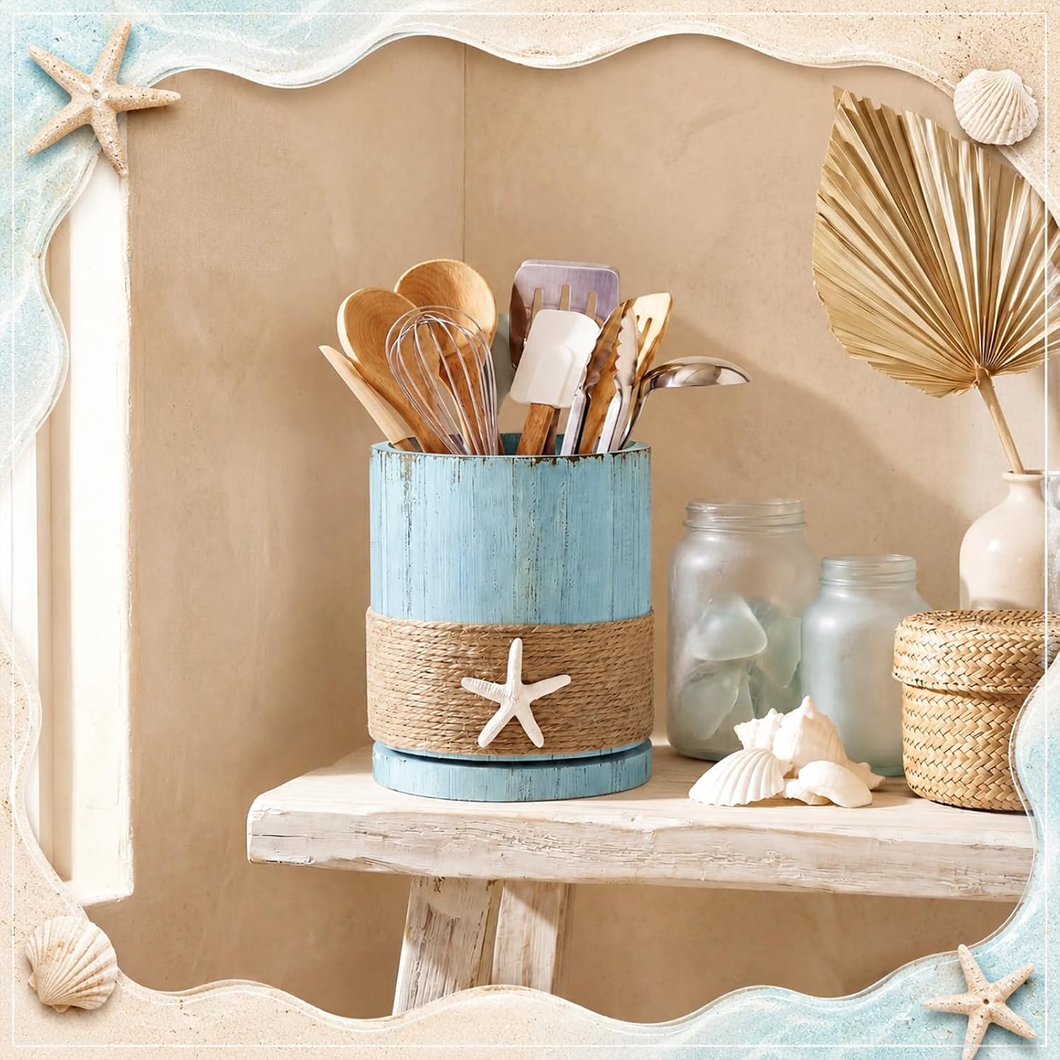 AceOrbit Rustic 360° Wooden Rotating Utensil Holder, Blue