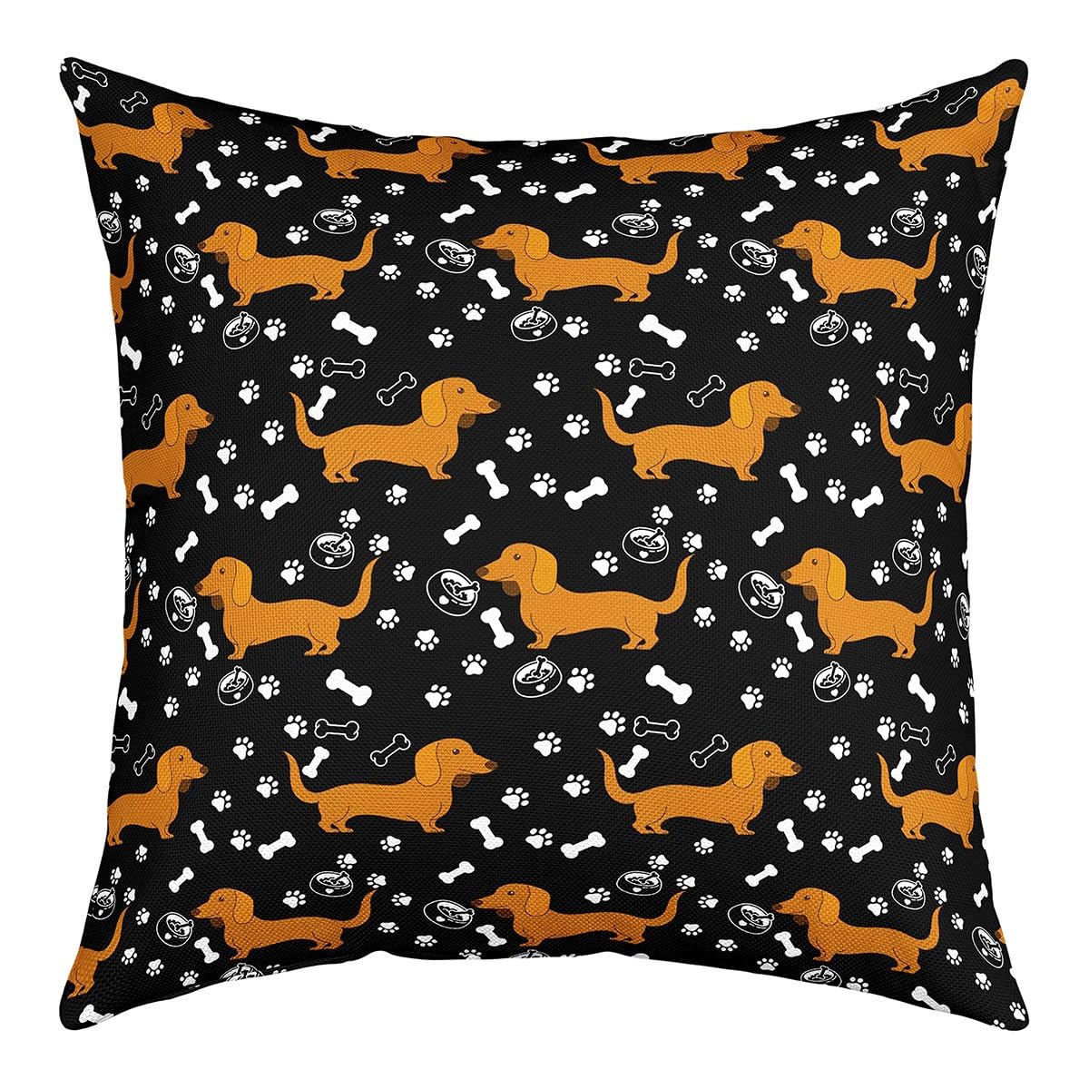 Cartoon Dachshund Kids Throw Pillow Cover Black White Paw Print Bone Graffiti Cushion Cover for Boys Girls Teens Cute Brown Puppy Pet Animal Cushion Case for Office Chairs 18x18 Inch