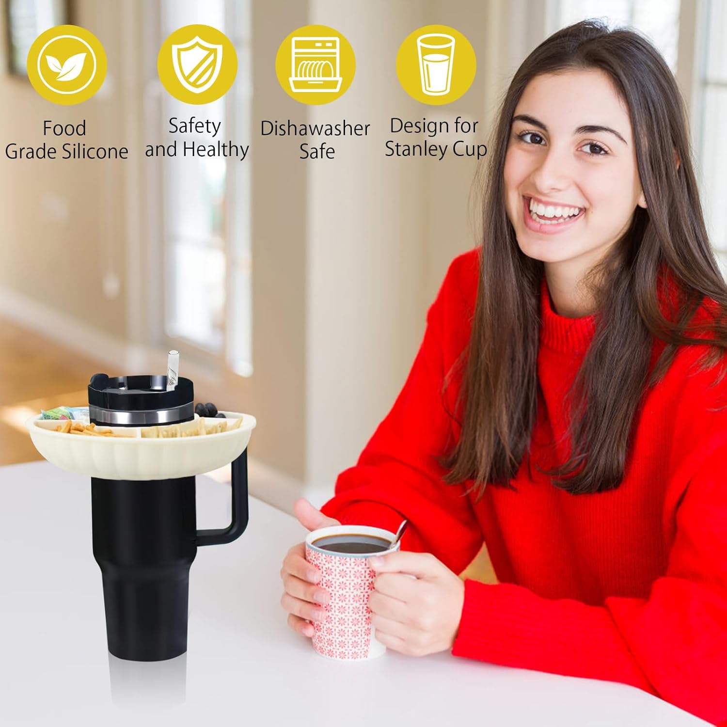 APOMOONS Stanley Cup Accessories for Stanley oz Tumbler, Snack Tray Compatible with Stanley Cup 40 oz with Handle, with 4 Compartments, Snack Ring with Lid, Reusable Snack Tray for Picnics (White) 6