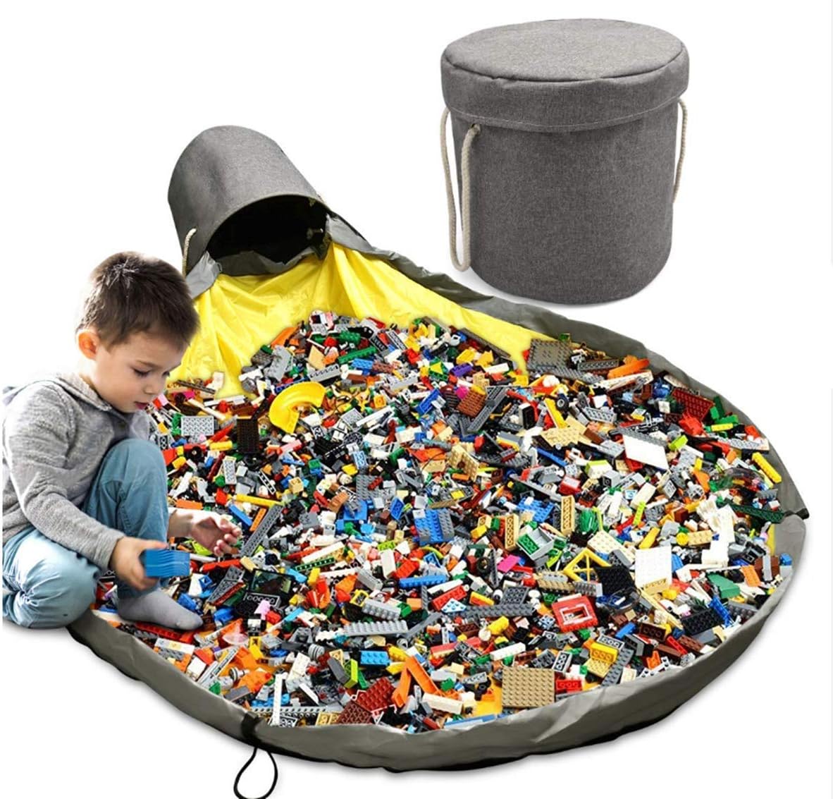 Toy Storage Organizer and Large Play Mat, Outdoor Toy Storage Basket, Large Drawstring Portable Container Storage Bins Floor Activity Organizer for Kids Room, Collapsible Canvas Basket