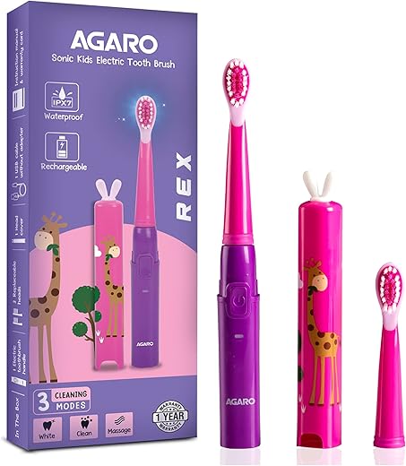 AGARO REX Sonic Electric Kids Toothbrush with 3 Brushing Modes & Rechargeable Battery, Power Tooth brush, (Purple), Semi Automatic, Pack of 1