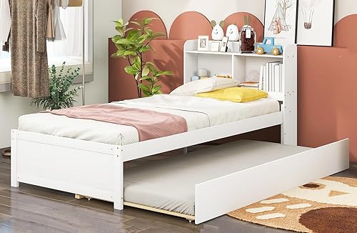 Base de cama de tamaño individual con nido, cama de plataforma para dormitorio, marco de cama nido con cabecera de estantería para niños, niñas,