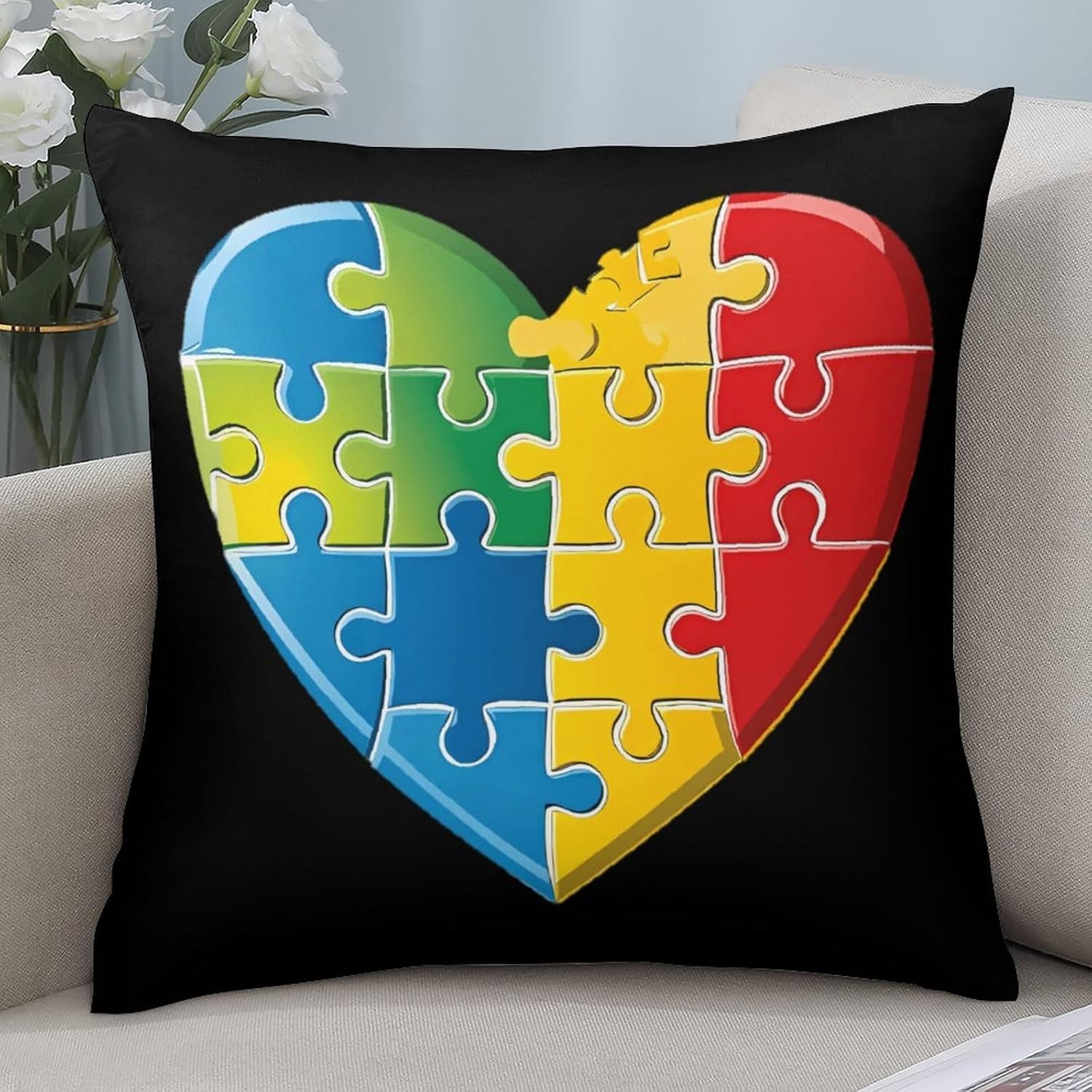 Autism Awareness Puzzle1 Piece Heart Printed Throw Pillow Case 4 Pcs Soft Pillowcases Pillows Covers Sofa Bed Decor 12/14/16/17/18/20/22/24/32 Inches