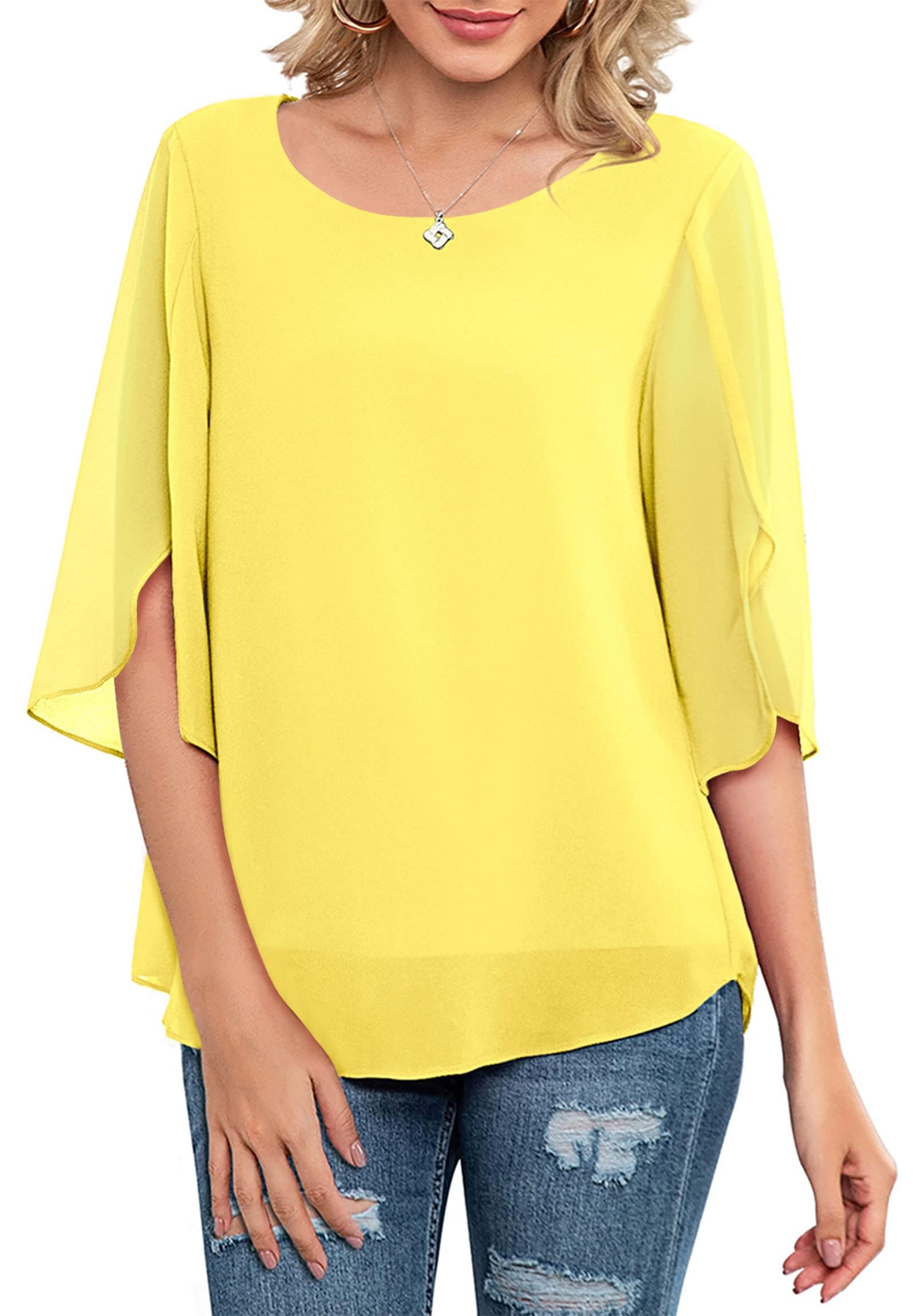Neineiwu Damen Chiffon Tunika Lässig Rundkragen 3/4-Ärmeln Bluse Mesh Fließende Shirts Loose Fit Oberteile