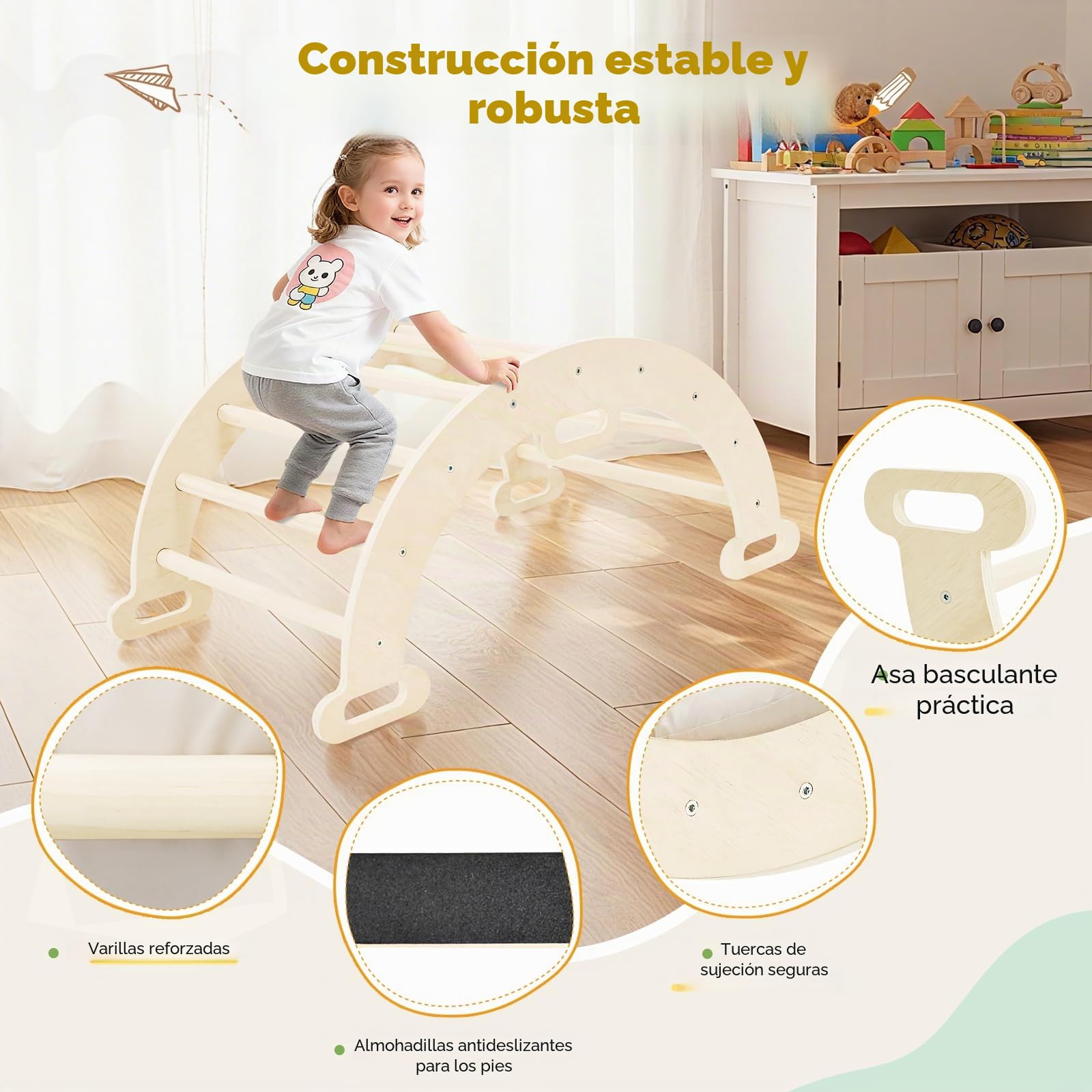 2 en 1 Arco de escalada con reposabrazos, Escalada niños de madera con cojín, madera natural, alfombrilla para los pies antideslizante, refuerzos de soportes, Arco Montessori para bebe 1-6 años