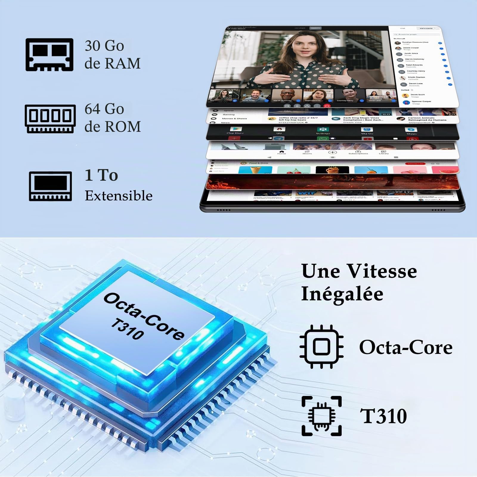ZIOVO Tablette Enfants Android 15 Tablette 10 Pouces, 30Go RAM + 64Go ROM (TF 2To), Gemini AI, 5G WiFi/Octa-Core/Widevine L1/Face ID/Contrôle Parental/6000 mAh/BT 5.0, Tablette avec étui EVA - Bleu