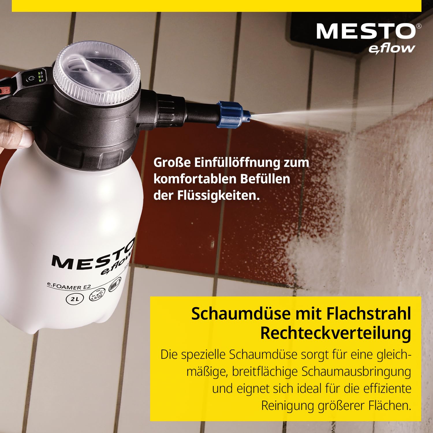 MESTO e.FOAMER E2 Akku-Schaumsprüher 2 L | Elektrischer Schaumsprüher für Auto & Reinigung | Foam Sprayer 1,5 Bar | Schaum Sprühflasche für leicht alkalische Flüssigkeiten & Laugen | inkl. USB-C Kabel