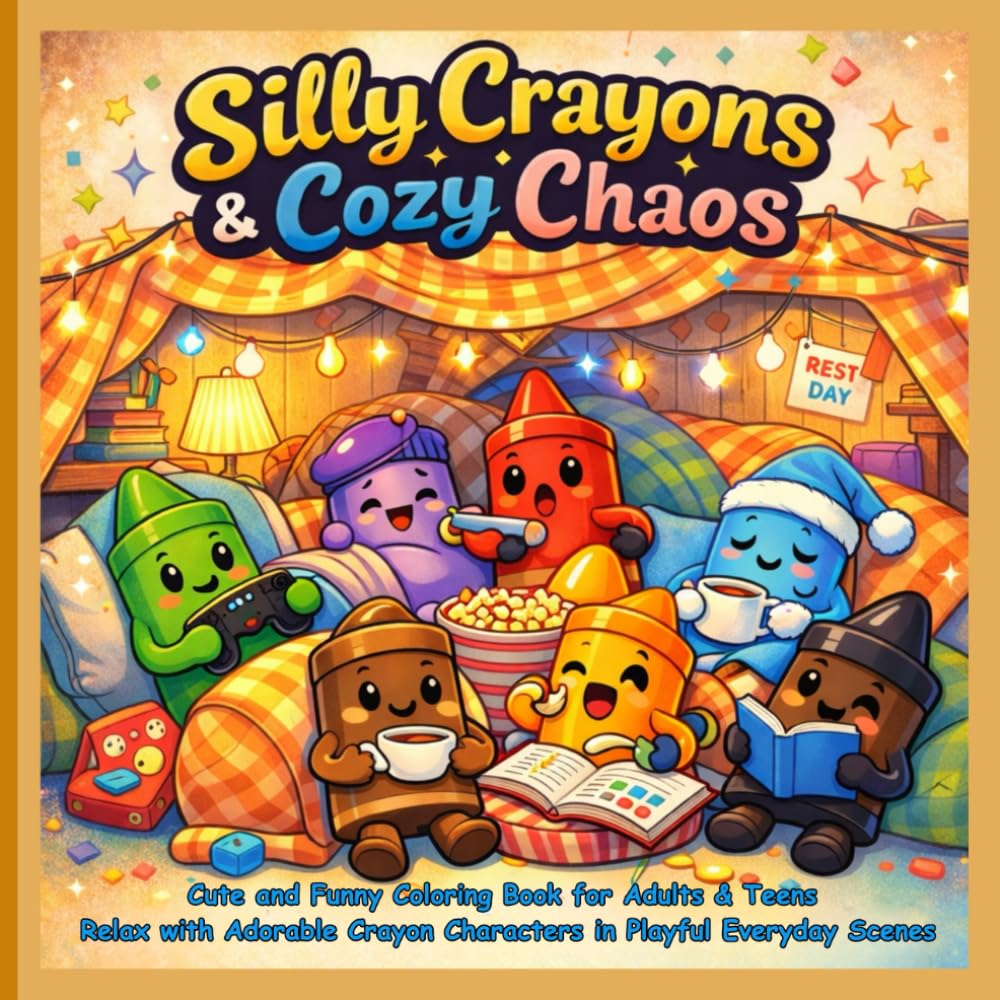 Silly Crayons & Cozy Chaos: Cute and Funny Coloring Book for Adults & Teens Relax with Adorable Crayon Characters in Playful Everyday Scenes