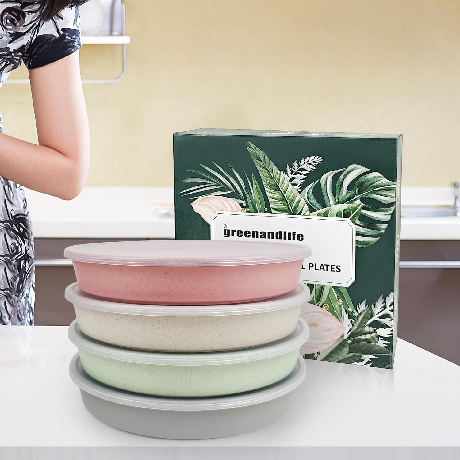 greenandlife 9 Inch 4PCS Divided Plates with Lids, Portion Control Plates for Kids Adults, Dishwasher Microwave Safe Compartment Plate, Unbreakable Lightweight Reusable Wheat Straw Plate Set, INS - Image 6