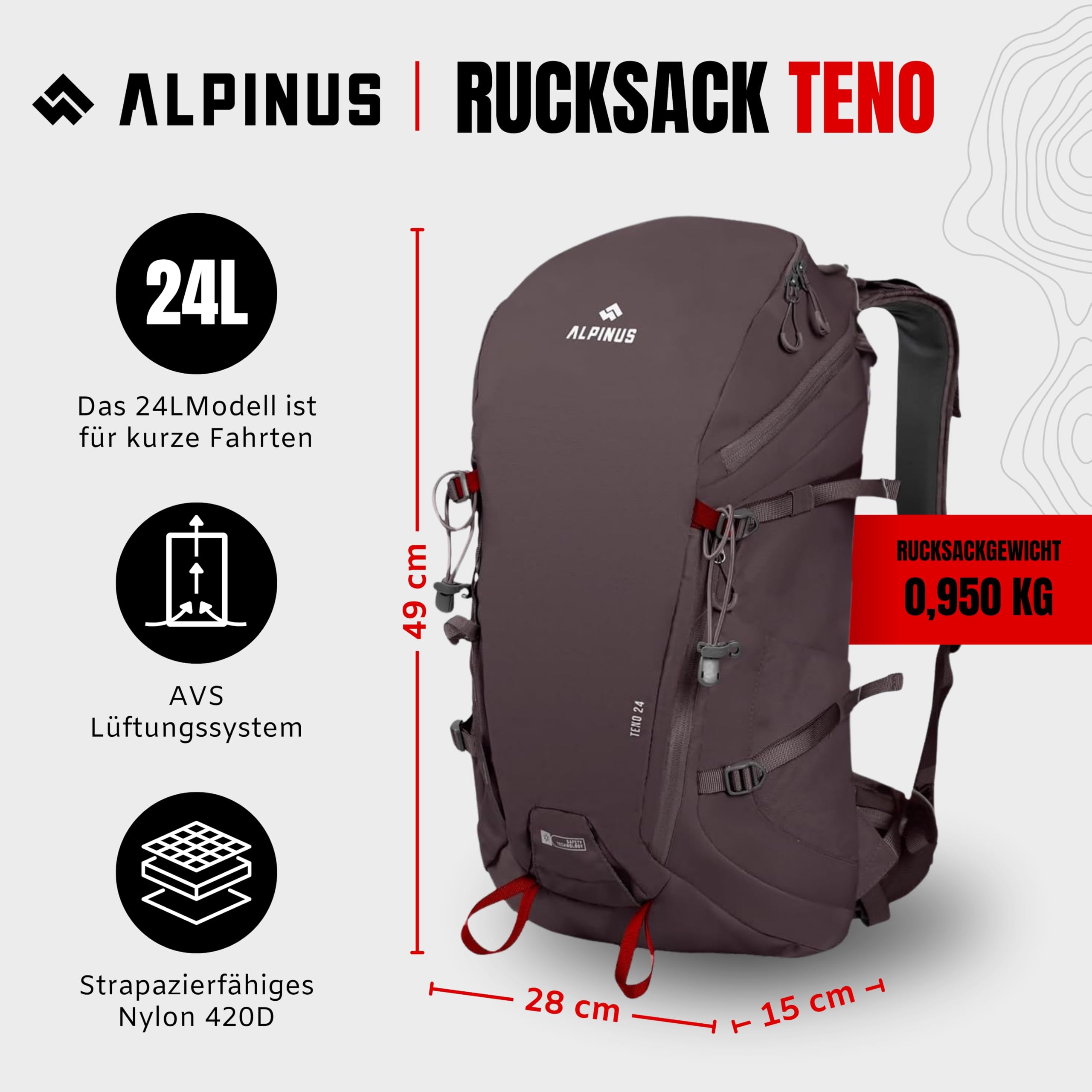 Alpinus Wanderrucksack Teno 24L Trekkingrucksack für Herren und Damen Grau - Outdoor Rucksack mit Belüftungssystem AVS, Regenschutz, Leichter Hiking Backpack für Wandern Camping