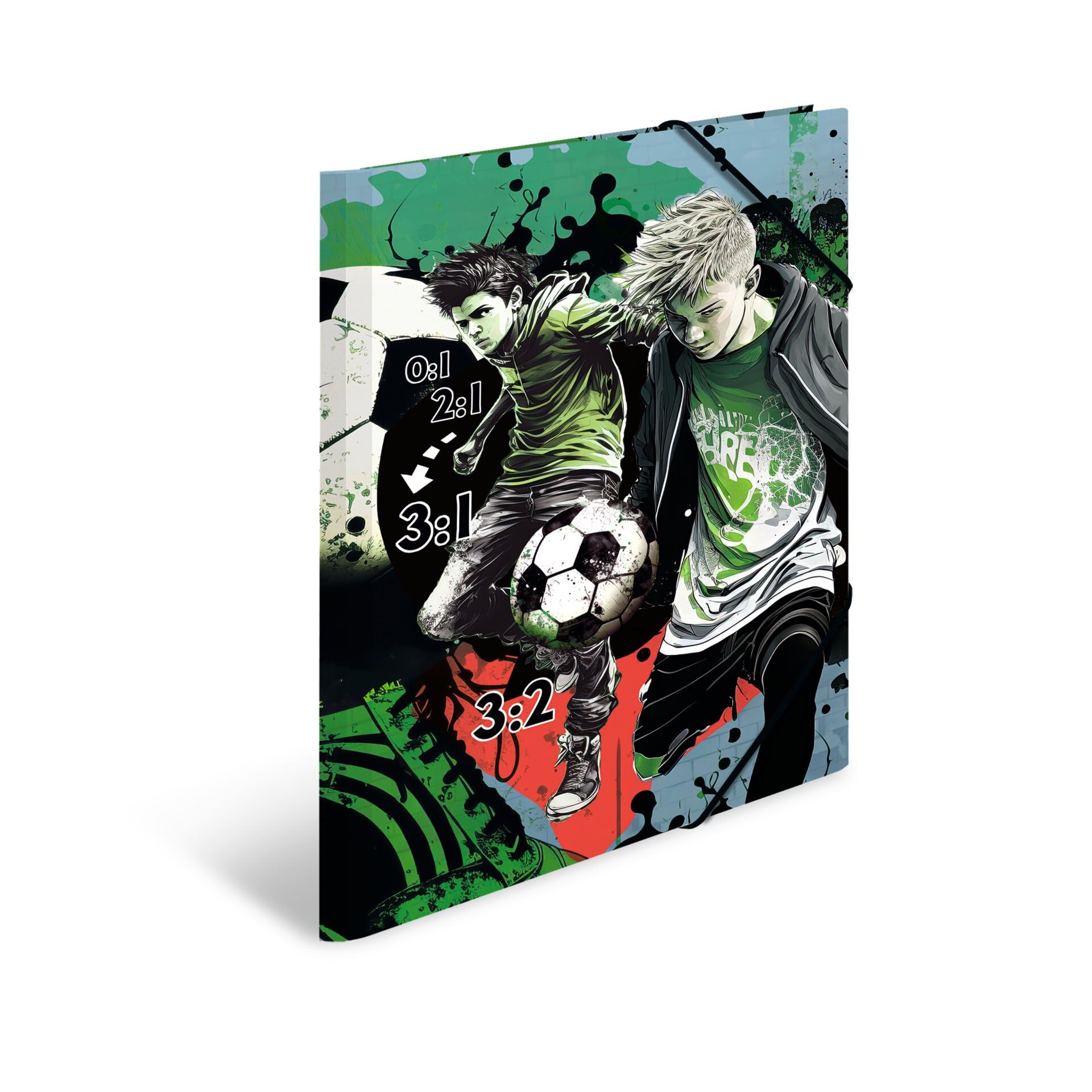 Herma 19578 Portfolio Folders A3 Street Soccer, Pack of 3, Children's Cardboard Corner Folder with Inner Print & Elastic Band, Sturdy Cardboard Folders for Boys and Girls