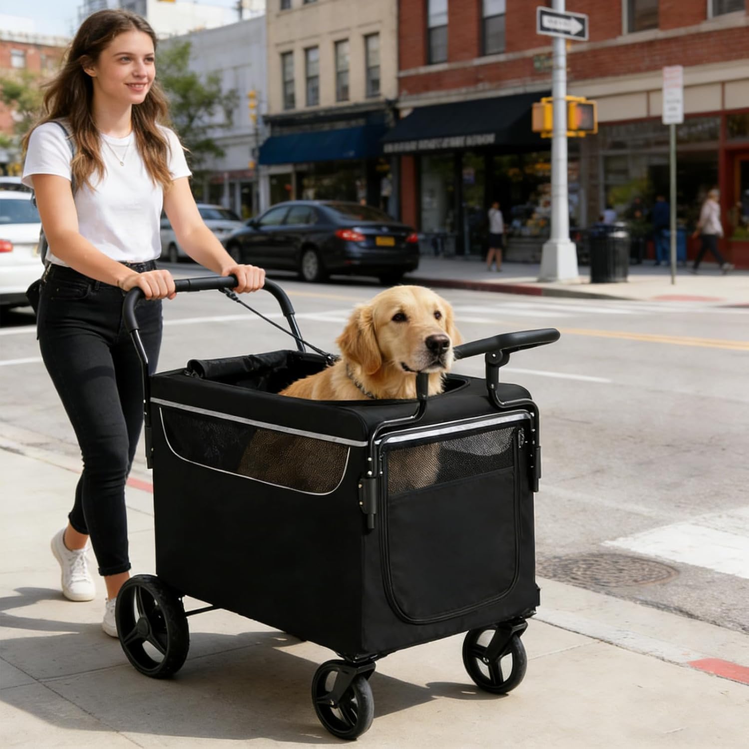 Dog Wagon for Large Dogs, 2-in-1 Push-Pull Pet Stroller with Ramp, Foldable All Terrain Cart for Medium Dogs, Features One-Step Brake, Suitable for Camping & Outdoor Walks
