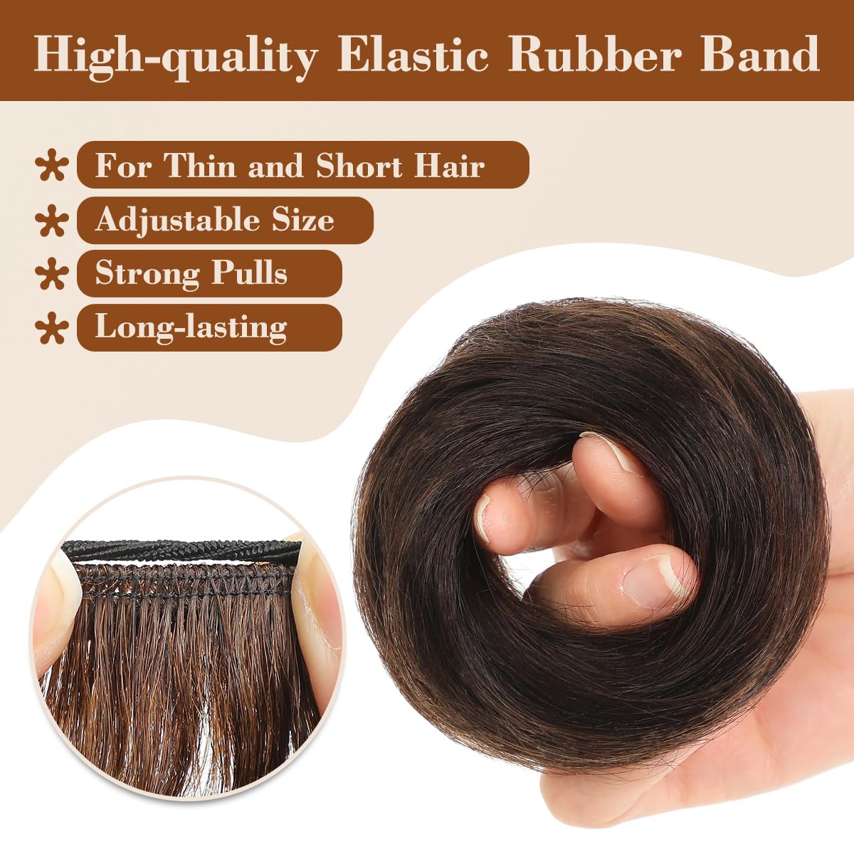 2Pcs Messy Bun Hair Piece 100% Real Human Hair Bun Scrunchies Natural Tousled Stretchy Fluffy Donut Updo Ponytail Extensions with Elastic Rubber Band Fake Bun Hair for Women,Dark Brown - Image 6