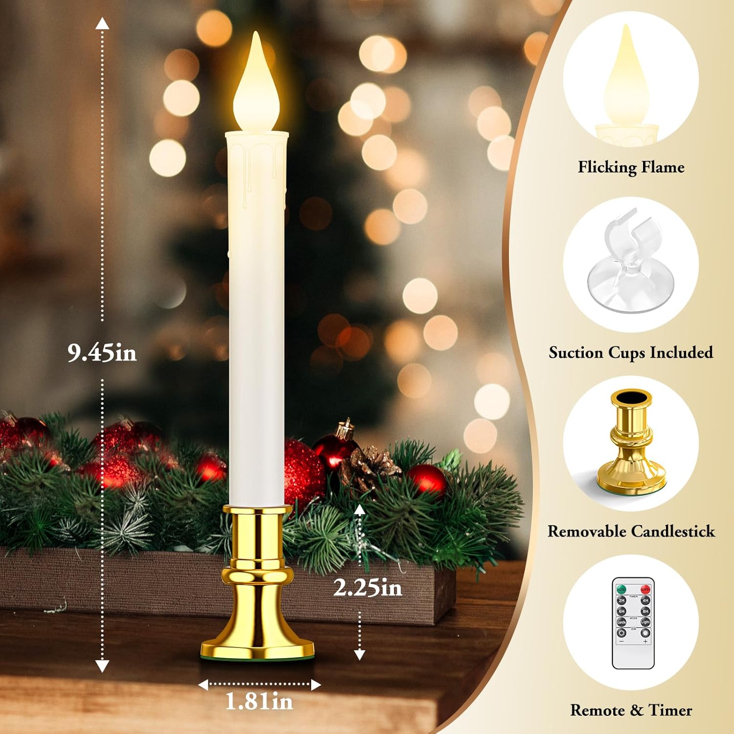 Christmas Window Candles Battery Operated with Timer Remote, Flameless LED Candle Lights with Gold Removable Candlesticks and Suction Cups, White Cordless Candles for Windows Table Decoration