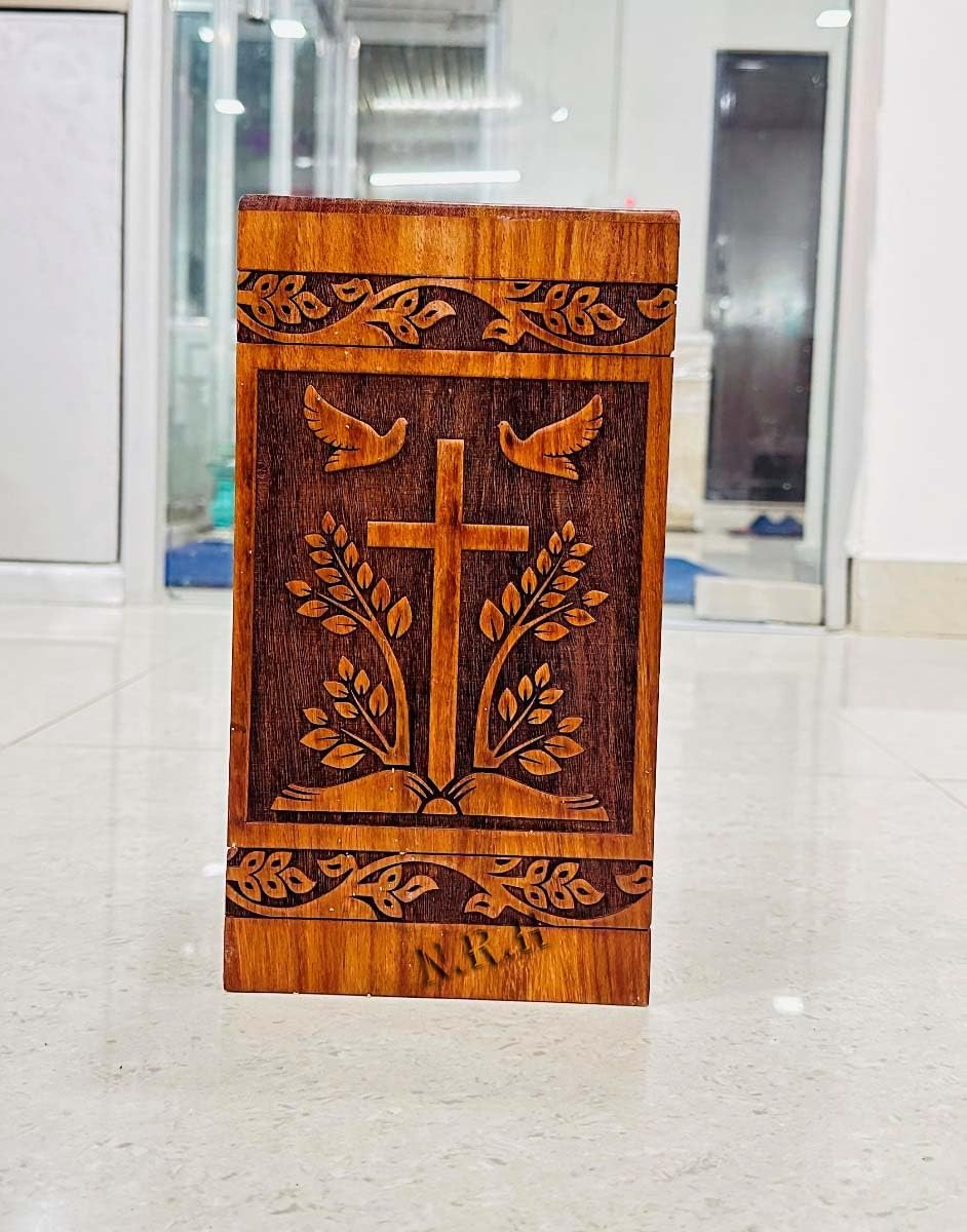 Nautical Replica Hub Carved cross of Jesus under the book Handcrafted Rosewood Borders Engraving Wooden Cremation Box/Urns for Human Ashes Adult, Funeral Urn Box